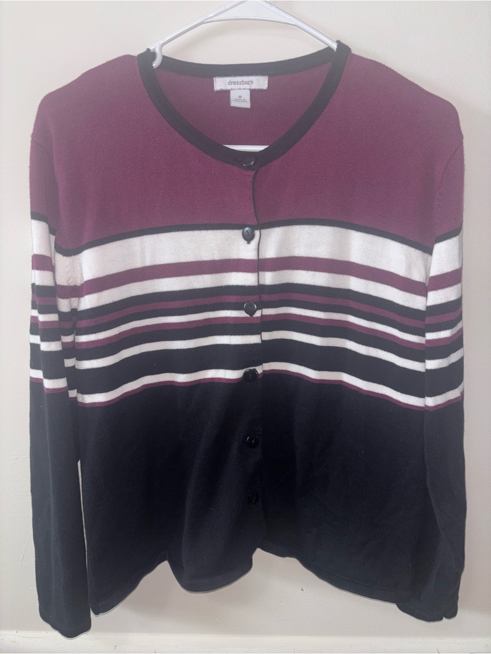 dressbarn Burgundy, Black & White Striped Button Cardigan